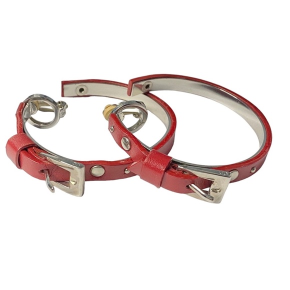 AUTH VTG Christian Dior Red Leather Logo Silver Belt Buckle Large Hoop Earrings - Picture 5 of 14